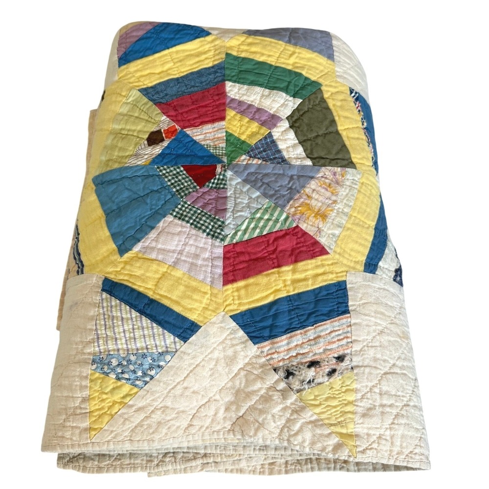 Vintage Handmade Patchwork Quilt Spider Web Wagon Wheel Feed 1930s sack Cotton - Picture 3 of 15